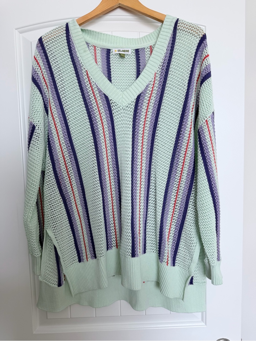 Celadine Mint Green Striped V-Neck Sweater NWOT- Anthropologie